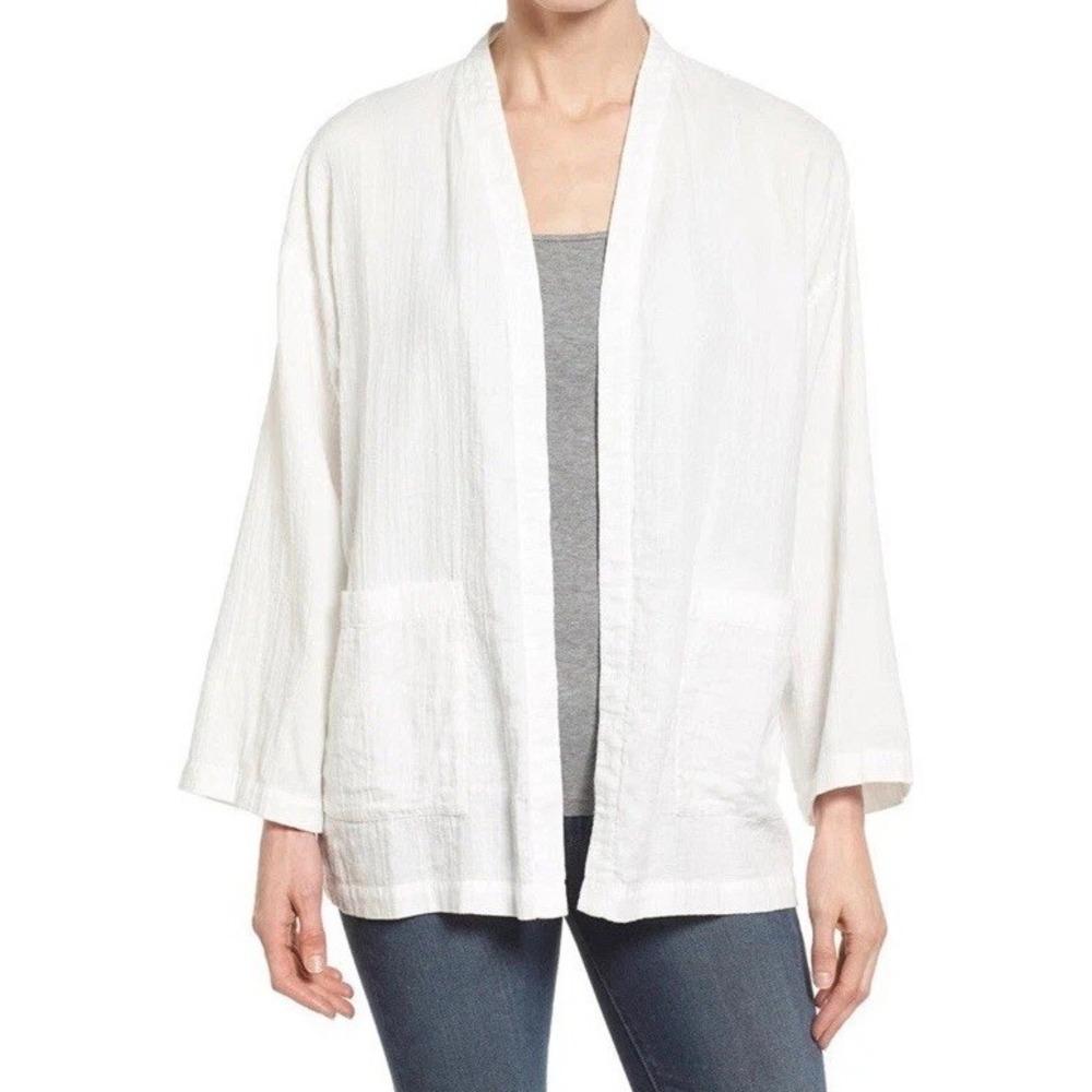 EILEEN FISHER White Organic Cotton Gauze Boxy Long Open Front Jacket Large EC